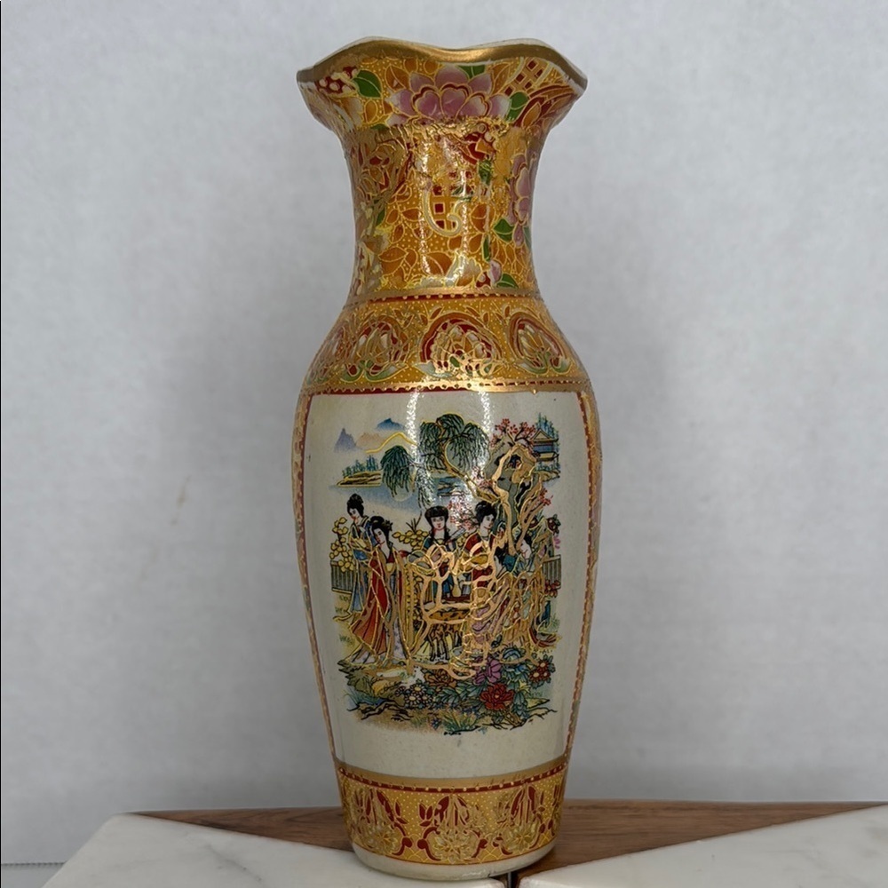Estate 8" SATSUMA ORIENTAL MORIAGE HAND-PAINTED PORCELAIN RAISE CLOISONNE VASE